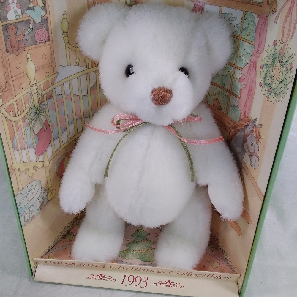 Baby Gund Christmas Collectibles 1993 Teddy Bear White Plush With Ribbon Bow NOS - Picture 7 of 12